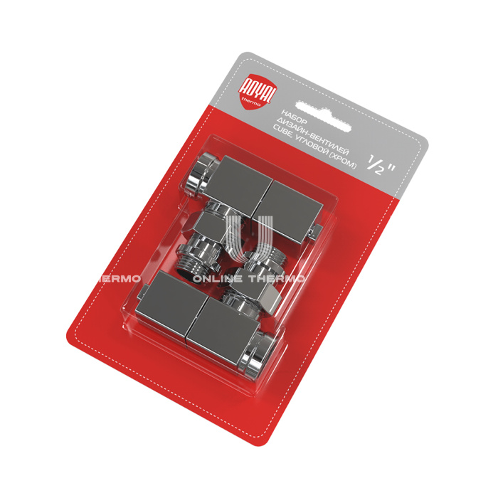 Комплект радиаторных клапанов (вентилей) ручной регулировки Royal Thermo Cube RTE 56.002 1/2" ВР-НР, угловой, комплект из 2 шт., хром 