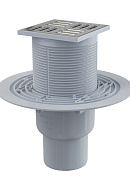 Сливной трап Alcaplast APV201, 105×105/50/75 мм, прямой сток, решетка нержавеющая сталь, мокрый гидрозатвор, широкий воротник 