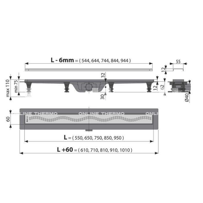 Душевой лоток (водоотводящий желоб) AlcaPlast APZ8-850, Simple, горизонтальный сток - 850 мм 