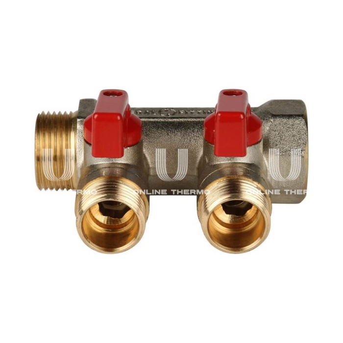 Коллектор Stout с шаровыми кранами 3/4", 2 отвода 1/2" (красные ручки) 