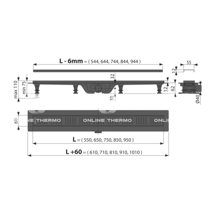 Душевой лоток (водоотводящий желоб) AlcaPlast APZ10BLACK-850M, с решеткой в комплекте, черный, горизонтальный сток - 850 мм 