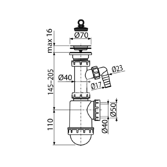 *Сифон для мойки Alcaplast A441P-DN50/40, стандартный, пластиковый, с нержавеющей решеткой Ø70 и подводкой 