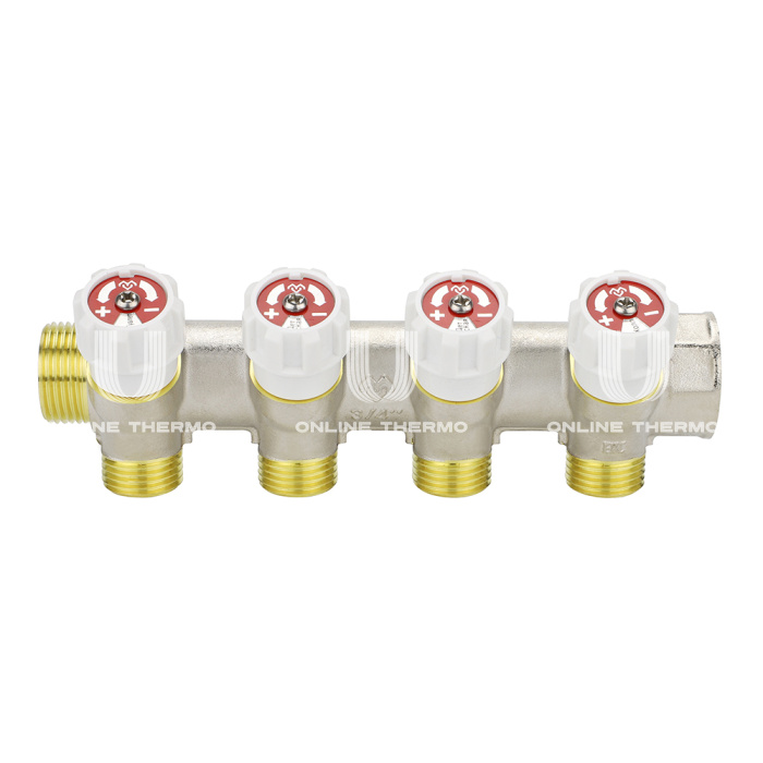 Коллектор распределительный с запорными клапанами Varmega VM14714, 3/4", на 4 выхода 3/4"ЕК 