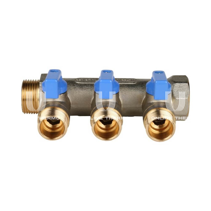 Коллектор Stout с шаровыми кранами 3/4", 3 отвода 1/2" (синие ручки) 