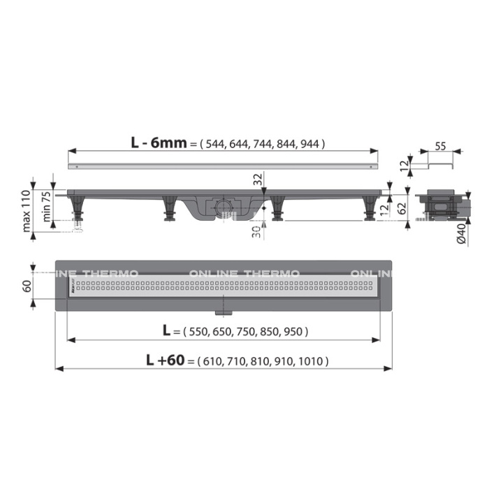 *Душевой лоток (водоотводящий желоб) AlcaPlast APZ9-650 Simple, горизонтальный сток - 650 мм 
