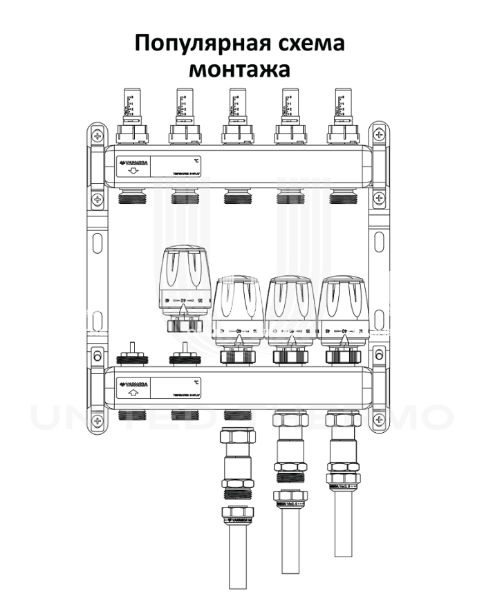 Термостатическая головка (термостат) Varmega VM11801, серия VM118, M30x1.5, выносной проточный датчик, 3/4" EK, черная 