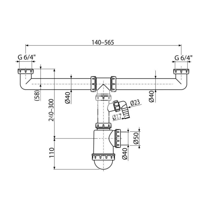 Сифон для сдвоенной мойки Alcaplast A448P-DN50/40, сдвоенный, пластиковый, с накидными гайками 6/4" и подводкой 