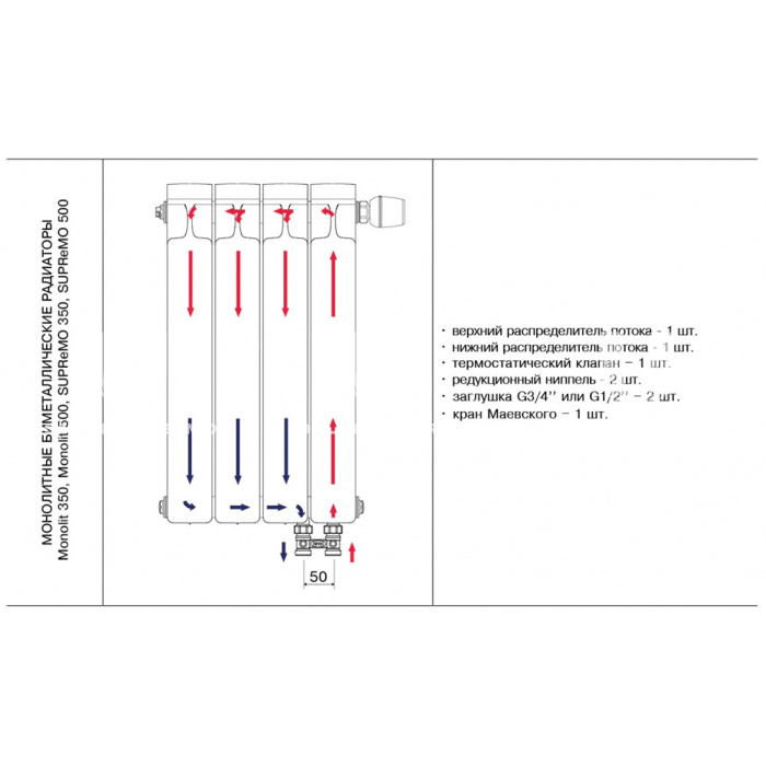 Биметаллический радиатор секционный Rifar Monolit Ventil 500 нижнее левое подключение - 8 секций 