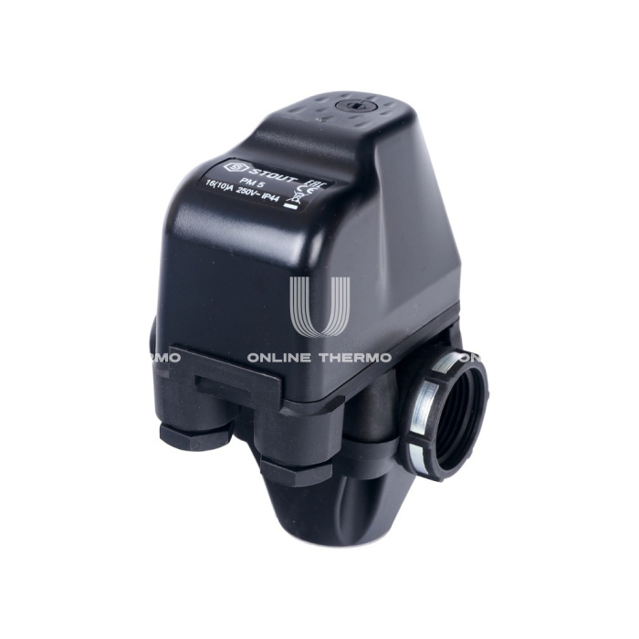 Реле давления Stout PM5-3W SCS-0001-000053 со встроенным манометром и трёхвыводным штуцером, диапазон регулирования давления 1-5 бар, ВР-ВР-НР 1" 