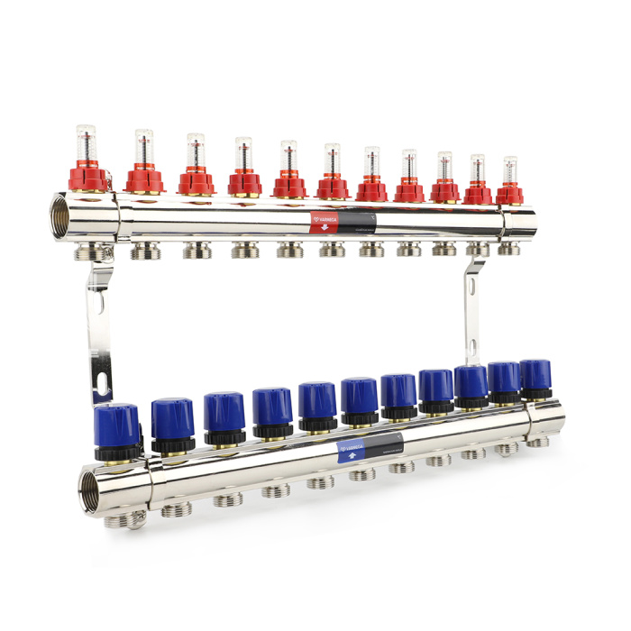 Коллекторная группа с расходомерами Varmega VM15411 ВР 1", на 11 контуров 3/4" EK, латунь 