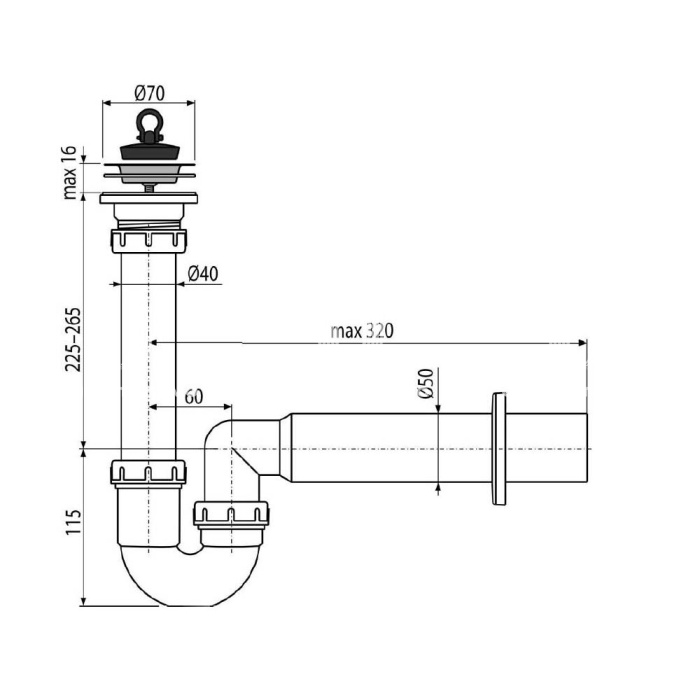 Сифон для мойки Alcaplast A800-DN50, L-образный, пластиковый, с нержавеющей peшeткой Ø70 