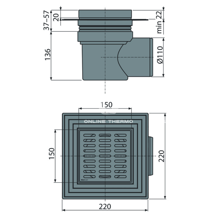 Сливной трап Alcaplast APV10, 150×150/110 мм, боковой сток, пластиковая решетка, мокрый гидрозатвор, воротник с двухровневой изоляцией 