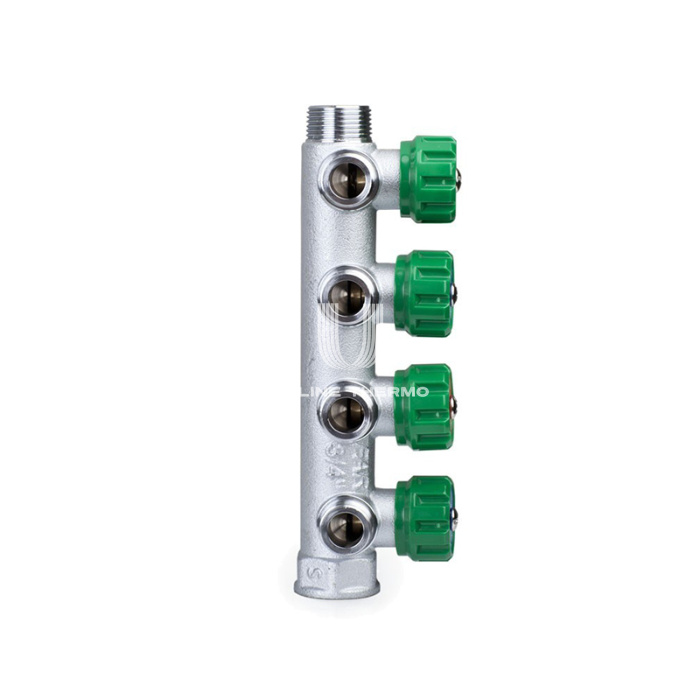 Регулирующий проходной коллектор FAR FK 3824 134TP, 1" ВР-НР, на 4 контура  3/4" НР, модульный, плоское соединение 