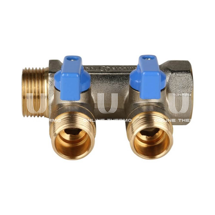 Коллектор Stout с шаровыми кранами 3/4", 2 отвода 1/2" (синие ручки) 
