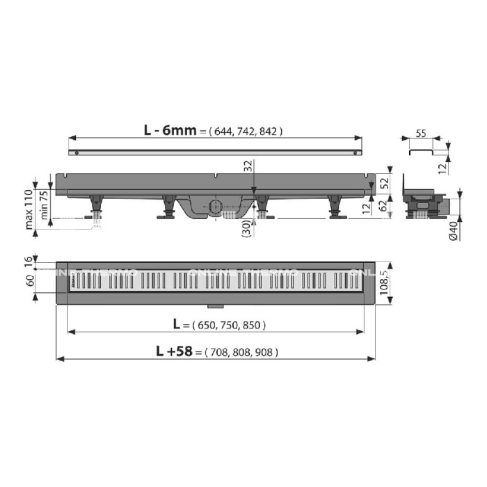 Душевой лоток (водоотводящий желоб) AlcaPlast APZ30-850M, горизонтальный сток - 850 мм 