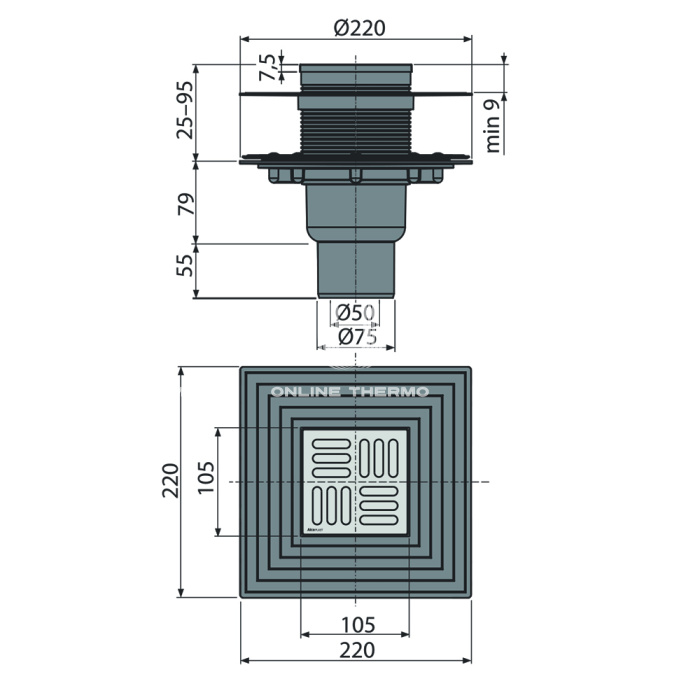 Сливной трап Alcaplast APV2324, 105×105/50/75 мм, прямой сток, решетка и фланец нержавеющая сталь, комбинированный гидрозатвор, двухровневый воротник 