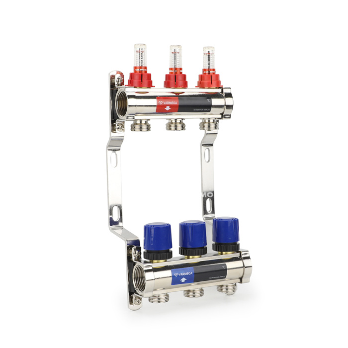 Коллекторная группа с расходомерами Varmega VM15403 ВР 1", на 3 контура 3/4" EK, латунь 