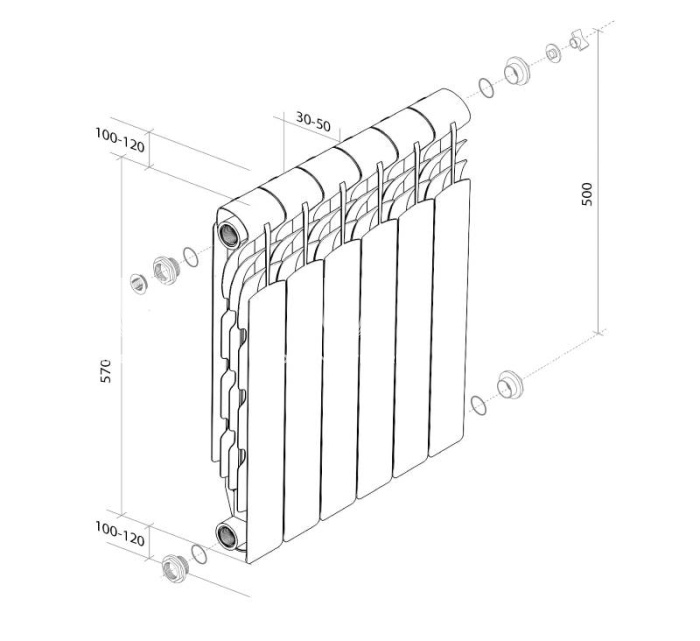 Алюминиевый радиатор Royal Thermo Revolution 500 2.0, белый - 12 секций, боковое подключение 