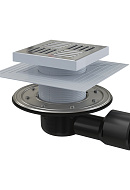 Сливной трап Alcaplast APV3444, 150×150/50/75 мм, боковой сток, решетка и фланец нержавеющая сталь, сухой и мокрый гидрозатвор, двухровневый воротник 