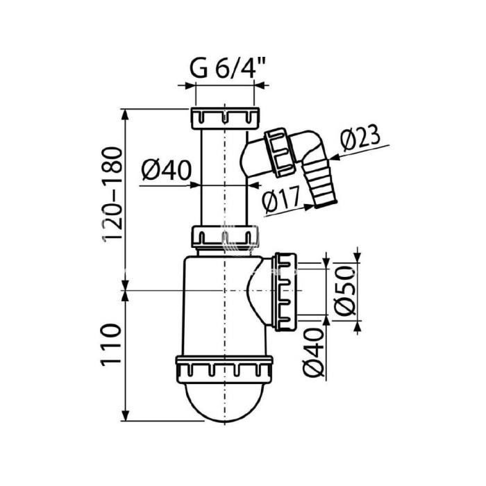Сифон для мойки Alcaplast A443P-DN50/40, стандартный, пластиковый, с накидной гайкой 6/4" и подводкой 