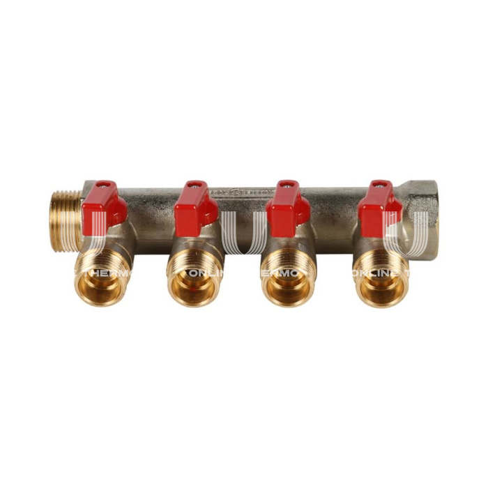 Коллектор Stout с шаровыми кранами 3/4", 4 отвода 1/2" (красные ручки) 