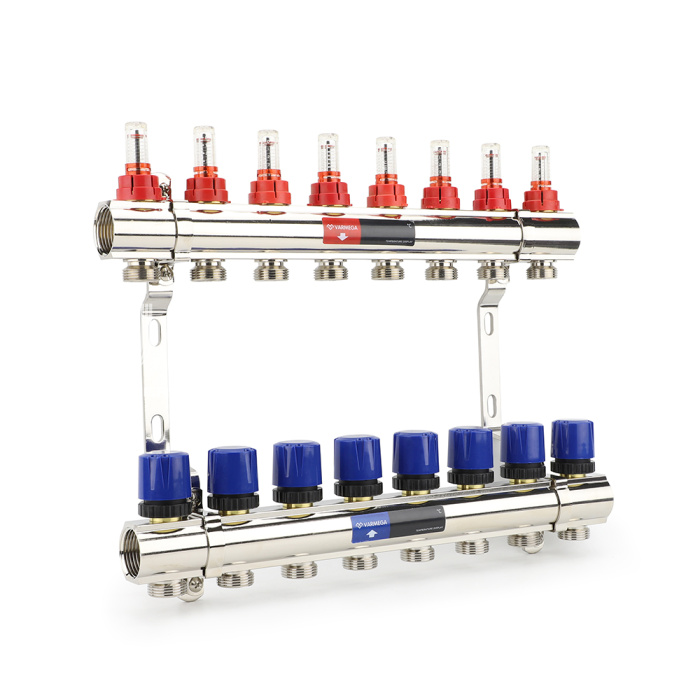 Коллекторная группа с расходомерами Varmega VM15408 ВР 1", на 8 контуров 3/4" EK, латунь 