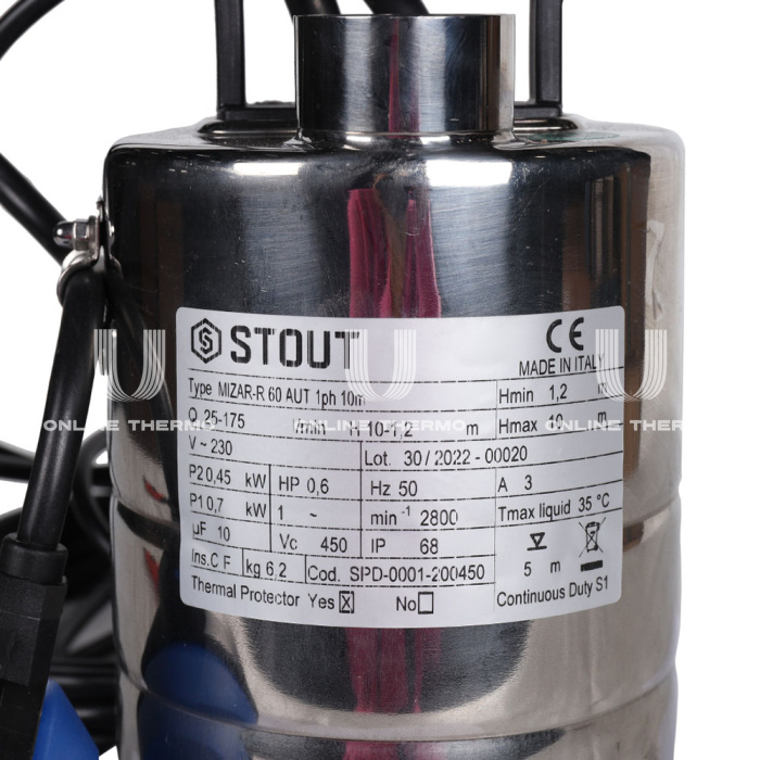 Насос дренажный Stout из нержавеющей стали с поплавком 