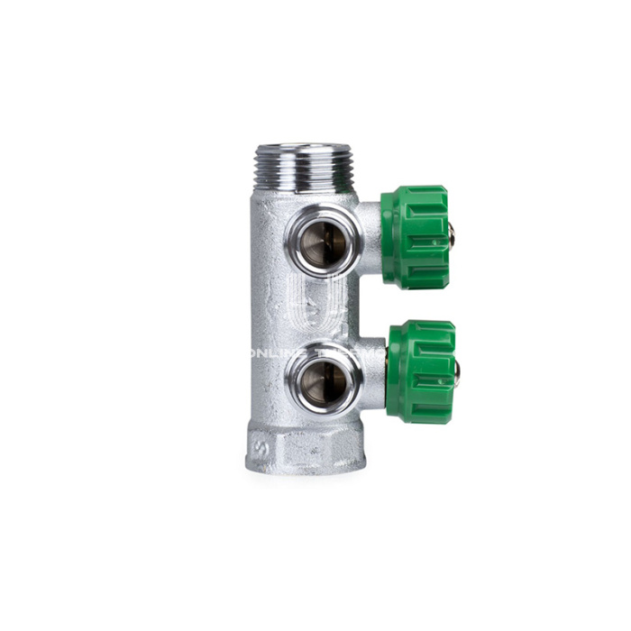 Регулирующий проходной коллектор FAR FK 3821 3412, 3/4" ВР-НР, на 2 контура  1/2" НР, модульный, конусное соединение 