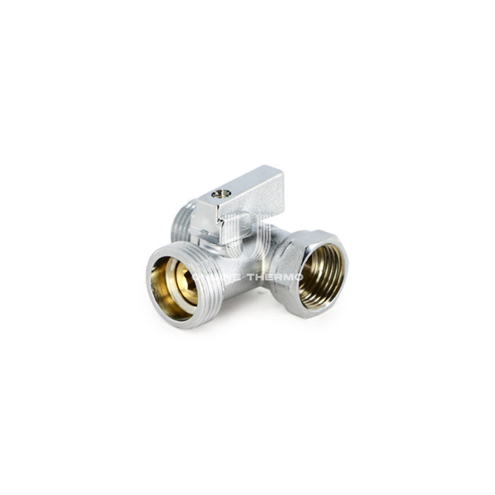 Кран шаровый угловой для стиральных/посудомоечных машин Uni-Fitt 182C2320, 1/2"х3/4"х1/2" НР-НР-ВР, ручка-флажок 