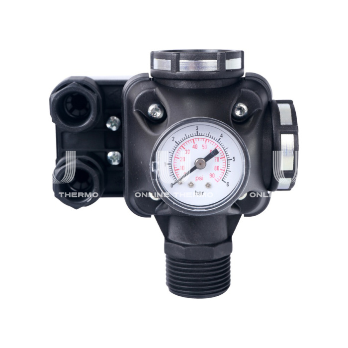 Реле давления Stout PM5-3W SCS-0001-000053 со встроенным манометром и трёхвыводным штуцером, диапазон регулирования давления 1-5 бар, ВР-ВР-НР 1" 