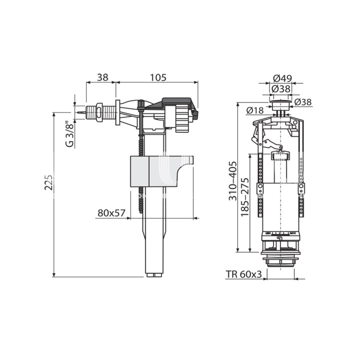Выпускной комплект Alcaplast SA2000K 3/8" CHROM со стоп-кнопкой (A16-3/8" + A2000), для керамических бачков 