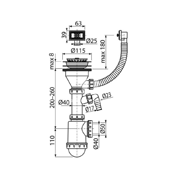 *Сифон для мойки Alcaplast A447P-DN50/40, стандартный, пластиковый, с нержавеющей peшeткой Ø115, гофропереливом и подводкой 