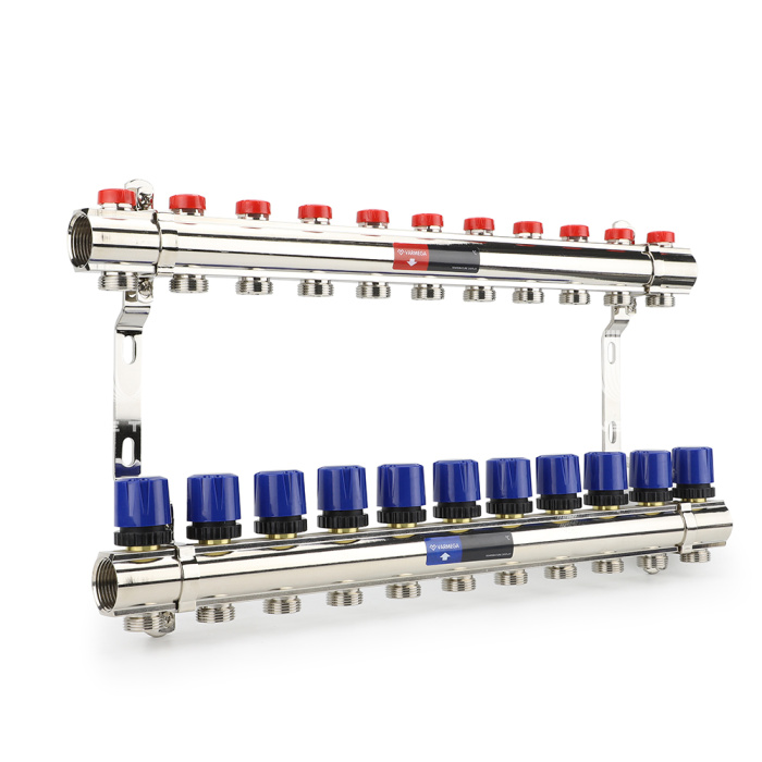 Коллекторная группа для отопления Varmega VM15811 ВР 1", на 11 контуров 3/4" EK, латунь 